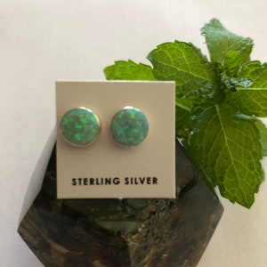 Light green opal stud earrings/8mm round green stone/ light green opal/ fire opal/ sterling silver stud post earrings/ Made in USA