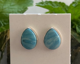 Larimar Stone/Teardrop Stone/blue stone/pear shape/Genuine 925 Sterling Silver Stud Post Earrings/made in USA
