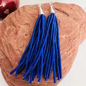 Tassel 10 Strands lapis beaded Earrings/ Sterling Silver dangle earrings/ 10Tassel dangle drop Earrings/ Handmade in USA