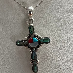 Mother pearl inlay Cross pendent necklace /Abalon shell/ Sterling silver necklace/Box chain 18”/Shell Cross pendent/Southwestern