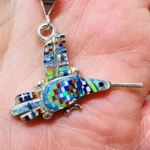 Hummingbird/Hummingbird inlay /Multi color inlay pendant necklaces/Hummingbird pendant necklaces/sterling silver Hummingbird necklace