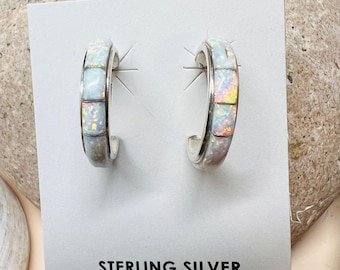 Hoops earrings/Inlay Hoops earring / White opal hoops earring/Sterling Silver southwestern white opal Earring /Opal/inlay/
