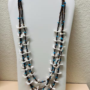 Bird fetish Necklace/ Sterling Silver Shell Heishi necklace/Mother of Pearl Necklace/Turquoise beaded necklace/Animal necklace