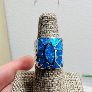 Blue fire Opal Inlay Genuine 925 Sterling silver size 6