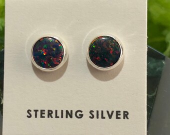 Black opal studs earrings/6mm Round Red Opal / red stone/ fire Opal/Genuine 925 Sterling Silver Stud Post Earrings/ Made in USA