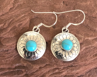 Turquoise earrings/ Southwestern concho turquoise earrings/ Sterling Silver turquoise earrings/ made in USA