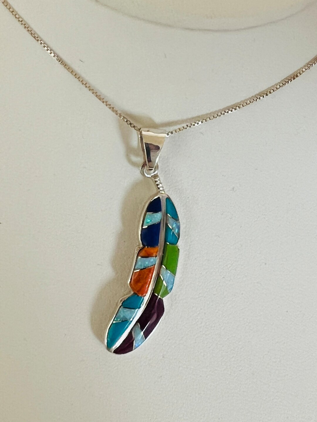 Feather /feather Necklace /sterling Silver Multi Color Inlay Feathers ...