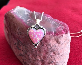 Pink opal hearts pendent with box chains 18”/ sterling silver pink opal heart/ heart pendant/925