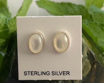 6x8mm Oval/ Pearl/white stone/pearl shape/Genuine 925 Sterling Silver Stud Post Earrings/Made in USA