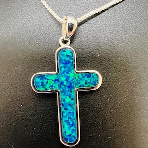 Southwestern large Inlay blue opal Cross Pendant Necklace/Cross inlay/925 Silver Cross pendant/Christmas Jewelry/ Cross /