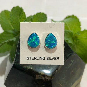 Blue Green Opal Stud Teardrop Shape / Genuine 925 Sterling Silver Stud Post Earrings/Fire Opal/Made in USA