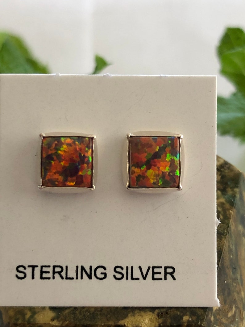 6mm Square Red OpalRed StoneFire Opal Stud EarringsSterling Silver Dainty Square post EarringsMade in USA