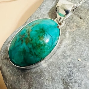 Genuine Large Oval turquoise/Natural Kingman Turquoise pendant with Sterling silver chain 18 inches/Silver turquoise necklace pendant/