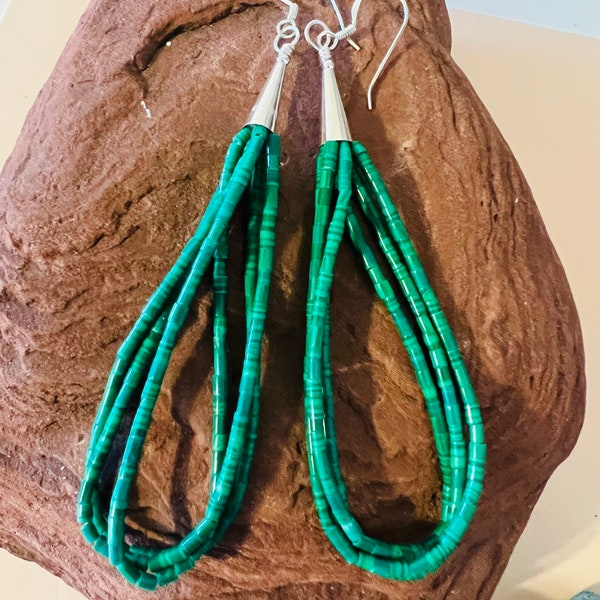 Green earrings/Malachite heishi earrings/Green malachite heishi beaded earrings/Sterling Silver malachite earrings/Made in USA