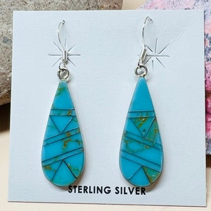 Turquoise inlay earrings/Sterling silver large teardrop turquoise earrings/turquoise Inlay earrings/turquoise dangling earrings