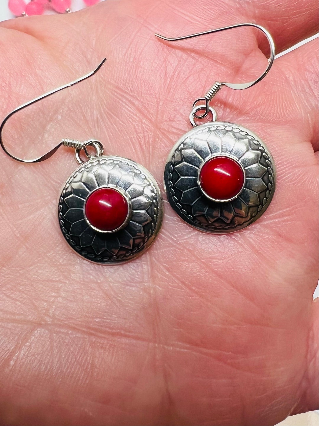Southwestern Concho Design Red Earring/ Red Coral Concho Earring/red