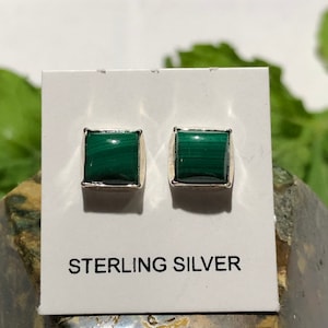 Square 6 mm Stud/Malachite Stud/green stone/925 Sterling Silver Post Earrings/Made in USA