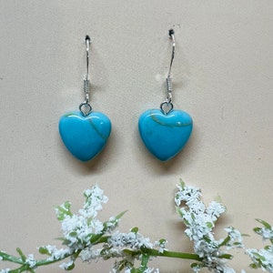 Heart Earrings/Turquoise Heart Sterling Silver Earrings/ Turquoise Howlite Stone Dangle drop Earrings/Heart Earrings/