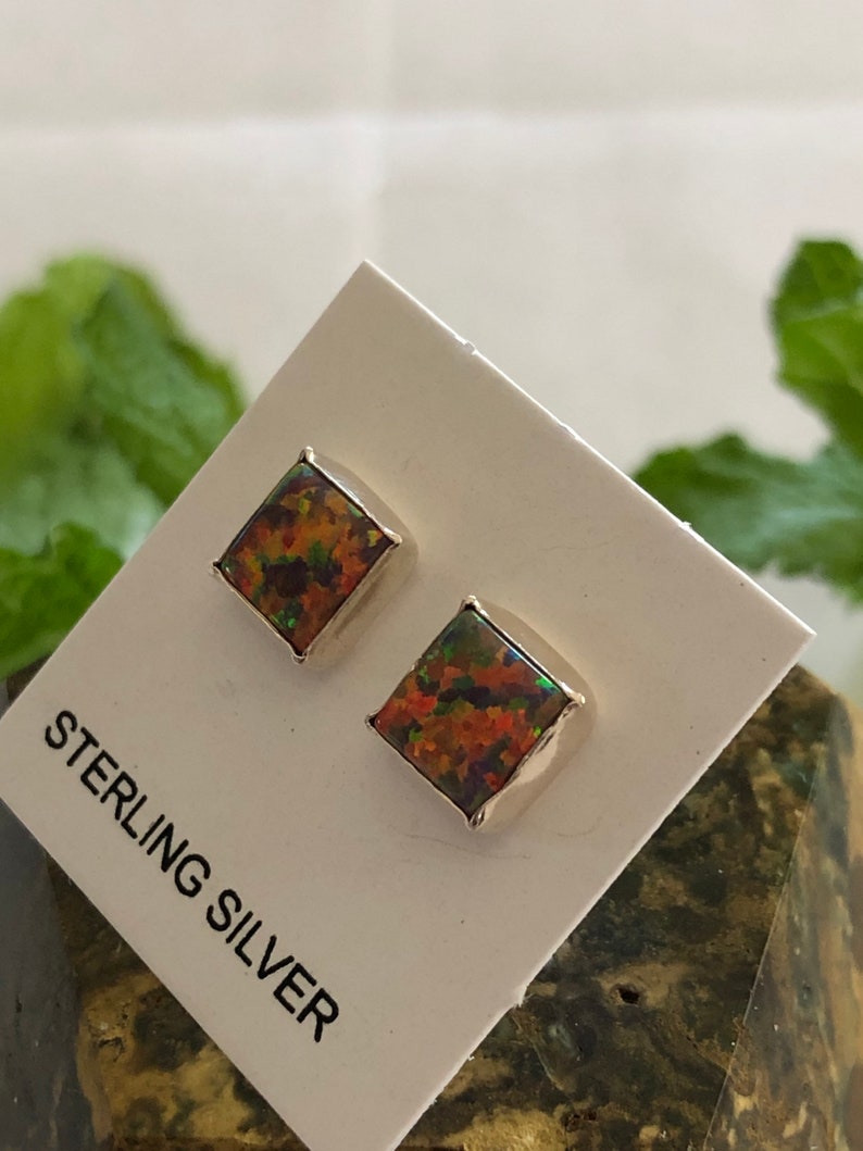 6mm Square Red OpalRed StoneFire Opal Stud EarringsSterling Silver Dainty Square post EarringsMade in USA