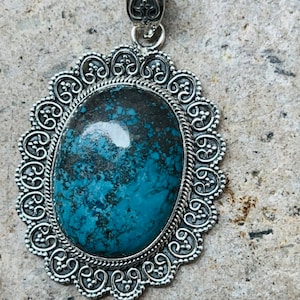 Genuine Large Oval turquoise/Natural Turquoise pendant with Sterling silver chain 18 inches/Silver turquoise necklace pendant/