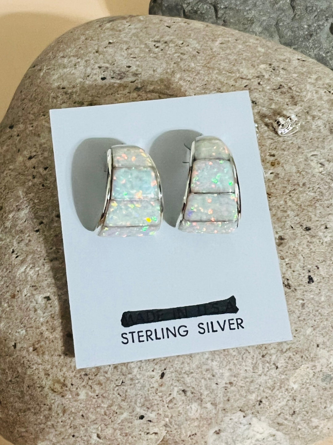 White Opal Hoop Earrings/white Hoop Opal Earrings/inlay Etsy