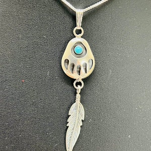 Bear Paw pendent necklace/ Sterling Silver Turquoise Bear paw Necklace/Bear paw pendant/Bear Paw with feather necklace