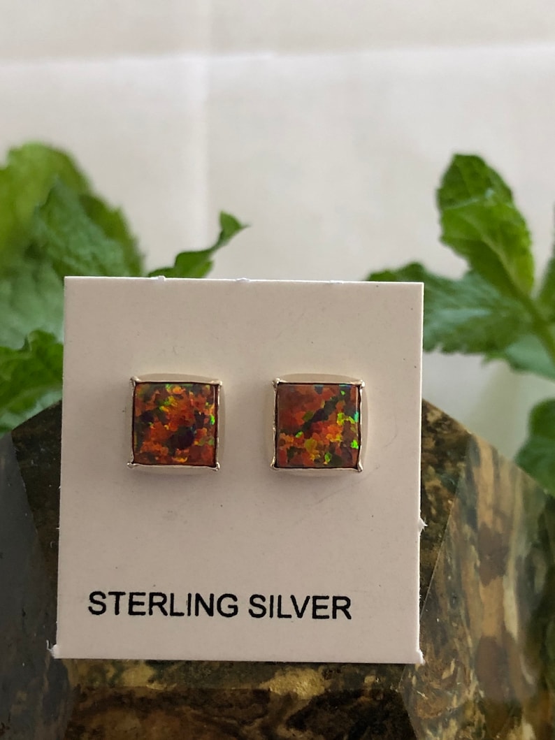 6mm Square Red OpalRed StoneFire Opal Stud EarringsSterling Silver Dainty Square post EarringsMade in USA