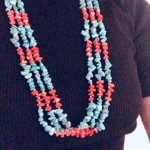 Turquoise necklace/Turquoise and coral nuggets necklaces/3 strands turquoise necklace/Multi color necklaces/Turquoise,coral triple necklace
