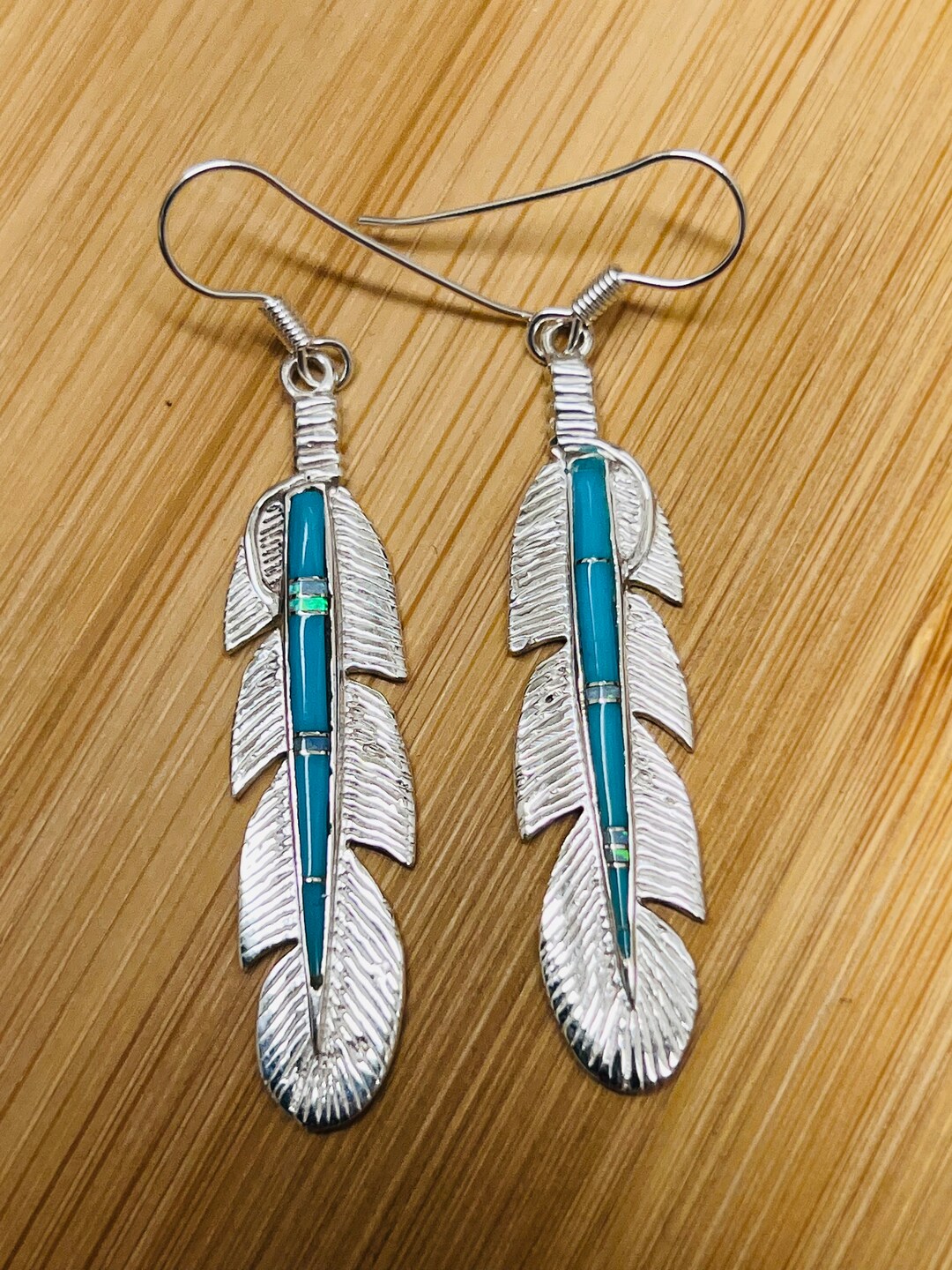 Feather Earring/ Feathers/turquoise Inlay Feather/dangle Etsy