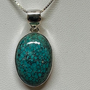 Genuine Large Oval turquoise/Natural Kingman Turquoise pendant with Sterling silver chain 18 inches/Silver turquoise necklace pendant/