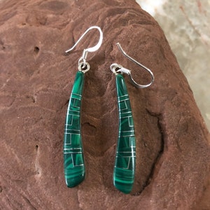 Malachite inlay earrings/Green earrings/Stick silver earrings/Stick malachite inlay earrings/Green malachite jewelry