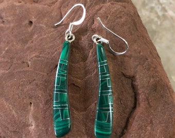 Malachite inlay earrings/Green earrings/Stick silver earrings/Stick malachite inlay earrings/Green malachite jewelry