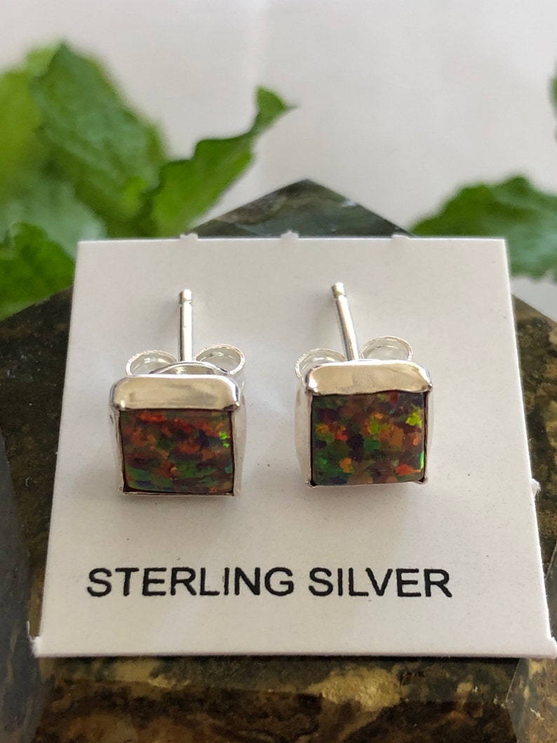 6mm Square Red OpalRed StoneFire Opal Stud EarringsSterling Silver Dainty Square post EarringsMade in USA