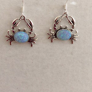 Crab Blue Opal Earring/ Sterling Silver Fire Opal Crab Earring/ Dangle and Drop Earring/ Dainty Opal Earring/Made in USA