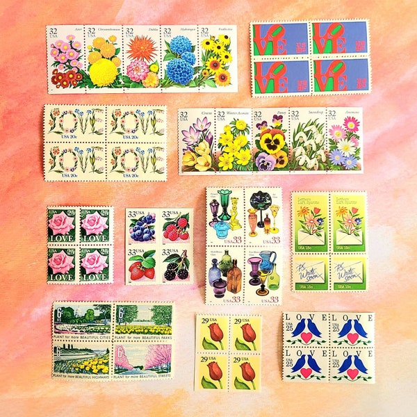 76 pc Vintage Flower Unused Postage Stamp Set of 46 + 30 Fruit. 11.53 FV. Nature, Floral, Berry, Love, Art, Botanical, Pink Rose. Mint Lot.