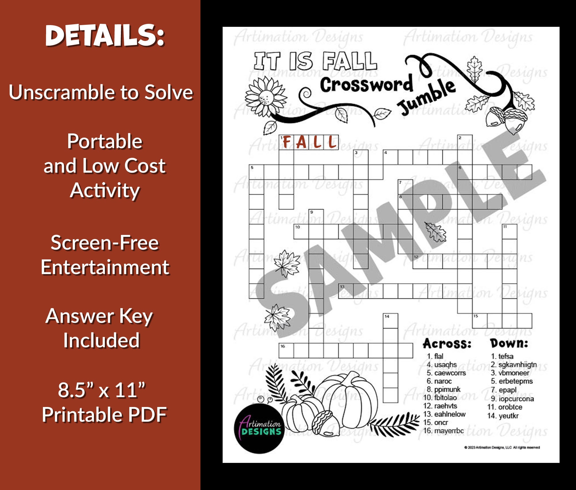 Printable Fall Crossword Puzzle: Autumn Word Scramble Activity for Kids ...