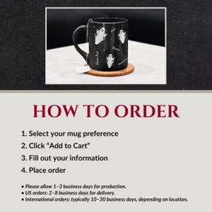 May include: A black ceramic mug featuring white illustrations of ghosts and the text "Sigh," "Nope," "Hard Pass," and "Seriously." The mug has a handle on the left side and sits on a round brown cork coaster with a white tea bag tag hanging down.