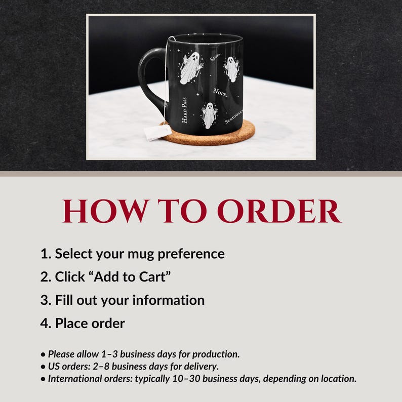 May include: A black ceramic mug featuring white illustrations of ghosts and the text "Sigh," "Nope," "Hard Pass," and "Seriously." The mug has a handle on the left side and sits on a round brown cork coaster with a white tea bag tag hanging down.
