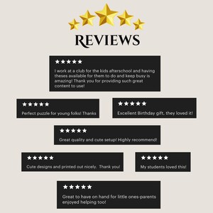 May include: A graphic with the word "REVIEWS" above several black rectangles with customer feedback. The feedback includes phrases like "Perfect puzzle for young folks! Thanks" and "Excellent Birthday gift, they loved it!"
