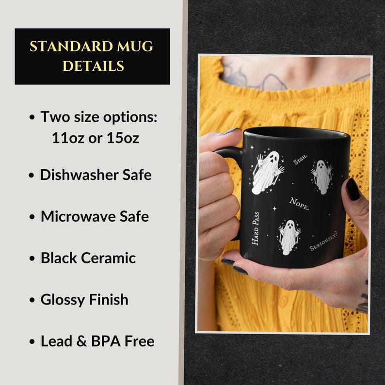 Black ceramic ghost coffee mug featuring a vintage white ghost illustration and sarcastic "People. Ewww." text, perfect spooky coffee mug for introverts, Halloween lovers, gothic style fans, and paranormal humor enthusiasts.