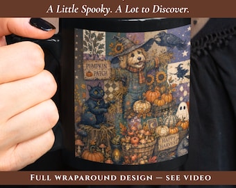 Rustic Halloween Hidden Object Mug Spooky Black Cat Fall Autumn Pumpkin Coffee Cup Witchy Dog Mom Dad Whimsical Bigfoot Gift for Ghost Lover