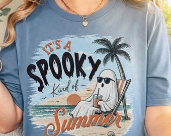 Summer Ghost Tee Spooky Summerween Shirt Coastal Beach Apparel Vacation Top Women Tshirt Vintage Retro Halloween Gift for Goth Lover