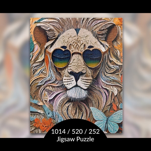 Lion Puzzle: Unique Stress Relief Gift for Big Cat Lover, Whimsical Peace and Love Wild Animal Wall Art, AI Art Print, 252/520/1014pc