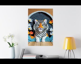 Bengal Tiger Cub Poster: Cute Wall Art for Kids Bedroom, Unique Birthday Gift for Big Cat Lover, Wild Animal Nursery Decor, AI Art Print