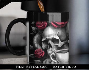 Dark Academia Color Changing Mug Skull with Roses Gothic Coffee Cup Gift for Bookish Witch Cottagecore Romantic Goth Gift for Tea Drinker