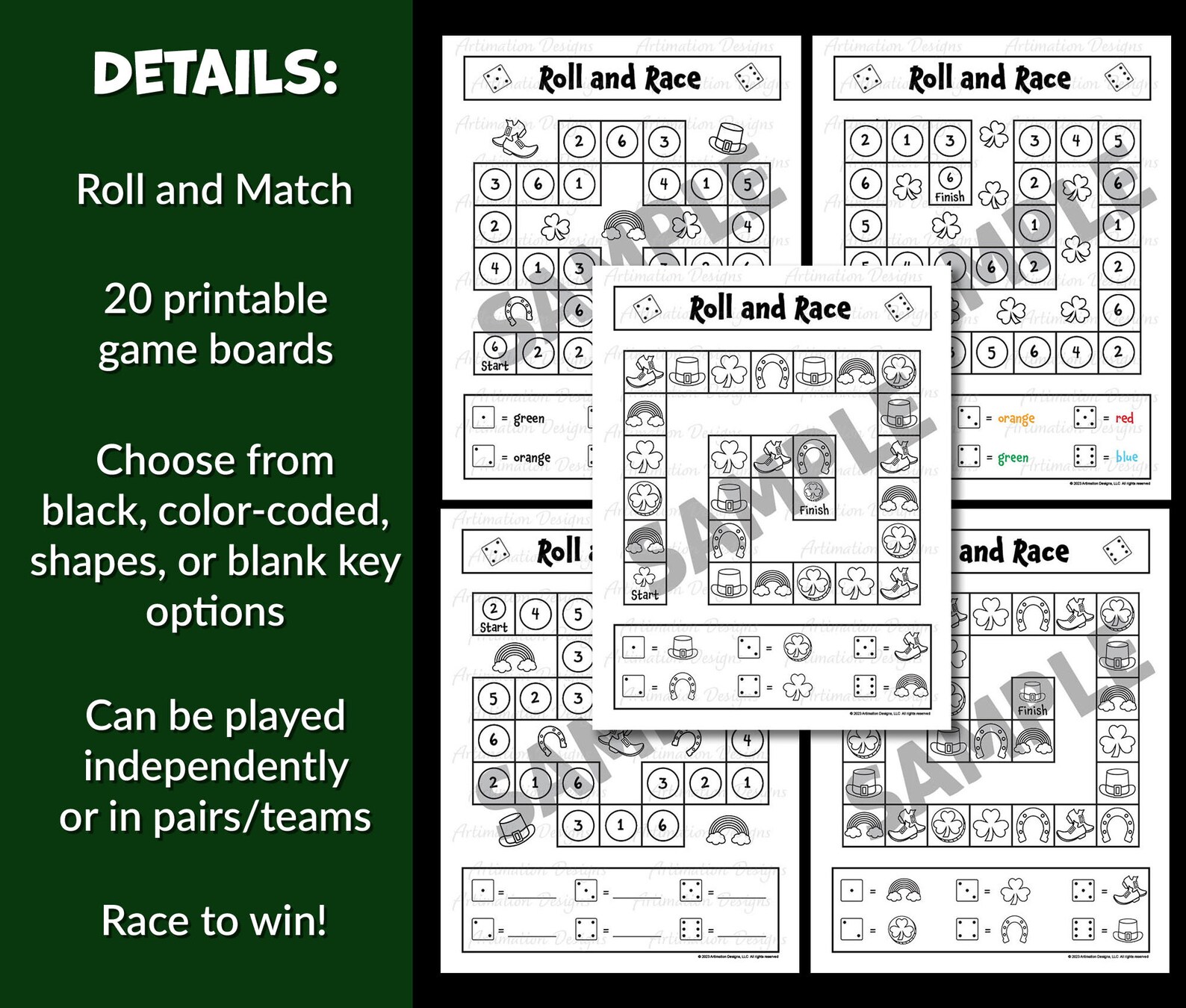 St Patricks Day Printable Games, Kids Color by Number, Roll and Race