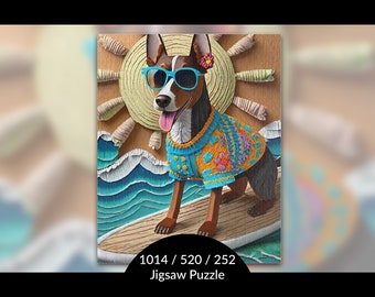 Surfing Doberman Pinscher Dog Puzzle: Summer Vibes Gift for Surfer Dog Mom/Dad, Stress Relief Mindful Activity, AI Art Print, 1014/520/252pc