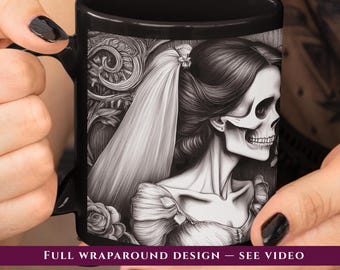 Skeleton Bride and Groom Gothic Mug Halloween Wedding Gift Dark Romance Coffee Cup for Newly Married Goth Couple Spooky Anniversary Gift