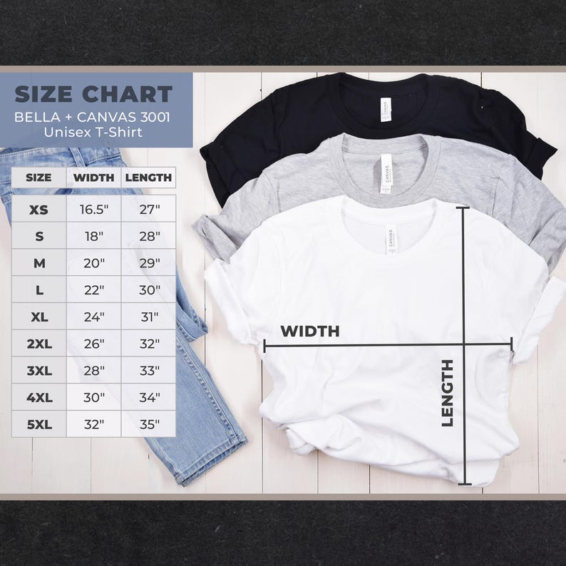 May include: Three t-shirts in black, gray, and white are displayed, with a size chart for a Bella + Canvas 3001 unisex t-shirt. The chart shows sizes XS to 5XL, with width and length measurements in inches.