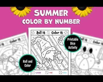 Printable Summer Color by Number: Roll and Color Dice Game, Cute Gnome Coloring Pages for Kids, Fun Math Center Classroom Activity